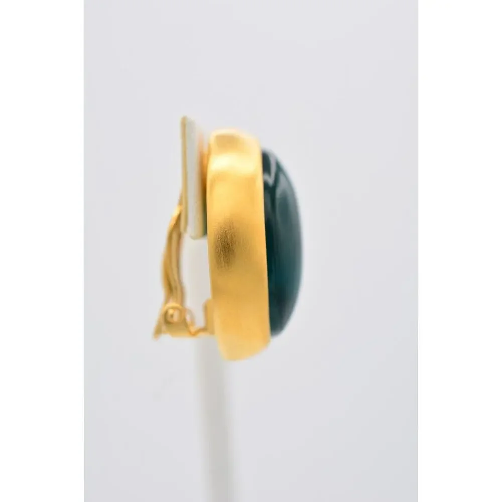 Givenchy Vintage Cabochon Clip On Earrings Teal Brushed Gold Chunky Signed BinAY - Picture 8 of 12